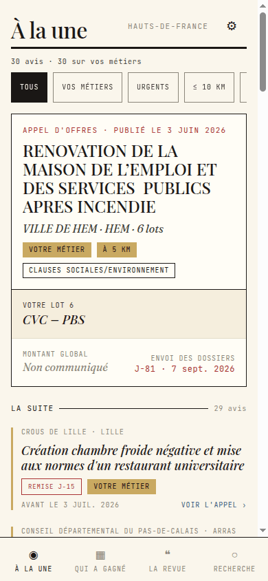 L’écran « À la une » de l’application Opexa : les appels d’offres BTP filtrés pour votre métier et votre secteur