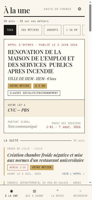 L’écran « À la une » de l’application Opexa : les appels d’offres BTP filtrés pour votre métier et votre secteur